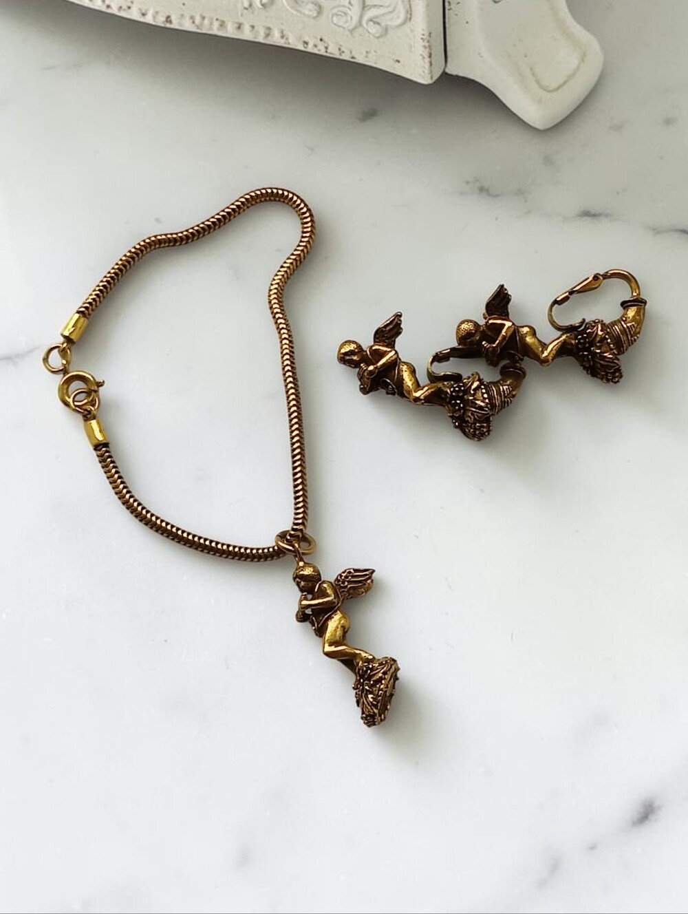 Vintage 1940s Coro Cherub Angel Bracelet And Earrings Set
